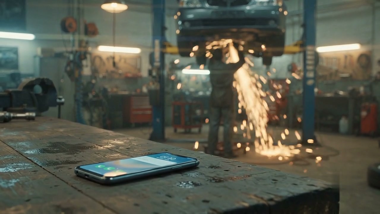A phone ringing on a workbench while a mechanic works under a lifted car.
