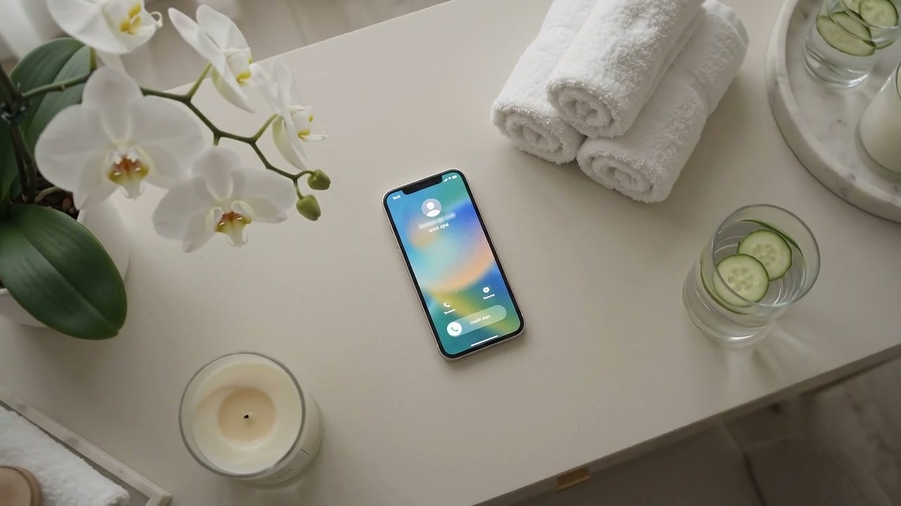 A phone ringing beside folded towels and an orchid at a med spa.
