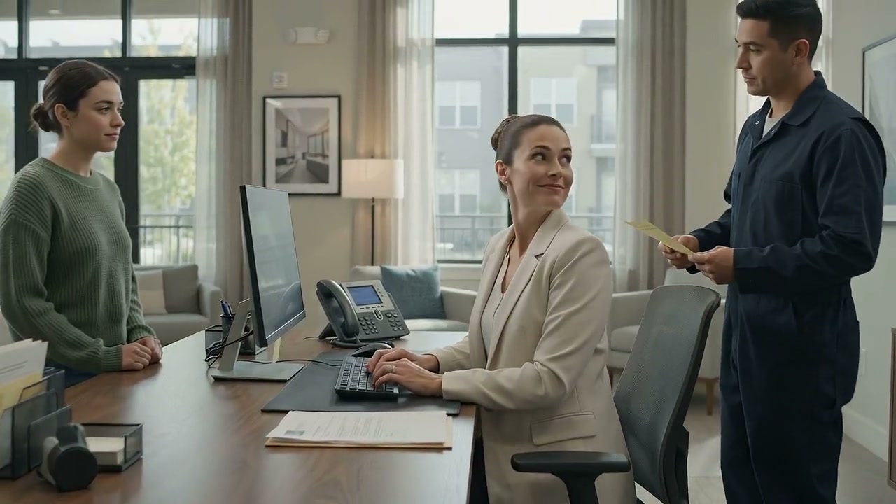 A property manager typing at a leasing desk while a resident waits at the counter and a maintenance tech brings over a work order.